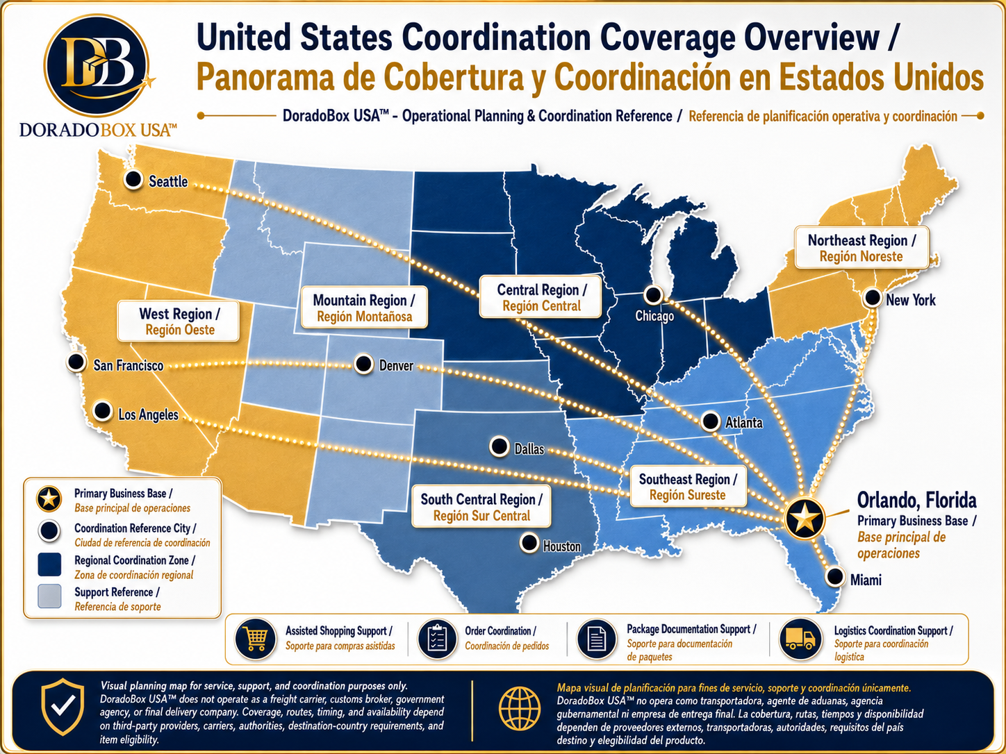 Mapa DoradoBox USA de cobertura y coordinación en Estados Unidos con Orlando Florida como base principal
