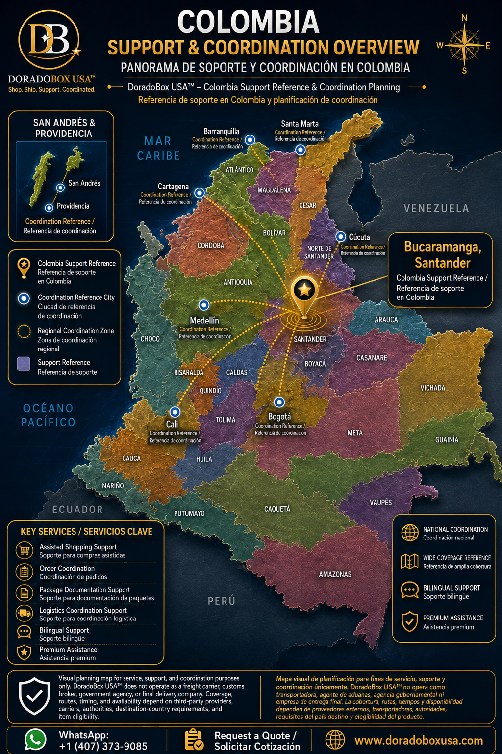 Mapa DoradoBox USA de soporte y coordinación en Colombia destacando Bucaramanga Santander como referencia de soporte